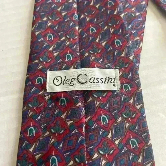 Oleg Cassini Polyester Neck Tie Floral Diamond Geometric Red Blue 3.5 x 54 - Picture 2 of 4
